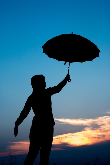 写真 夕暮れの空に傘を掲げているシルエットの女性の後ろの景色