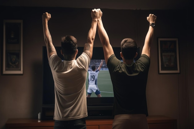 写真 自宅のテレビでサッカーを見ている 2 人の若い男性の背面図 ai が生成したテレビ エンターテイメントを楽しむ完全な背面図の 2 人の若い男性