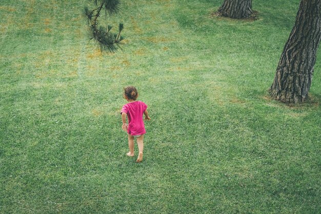 写真 フィールドの女性の後ろの景色