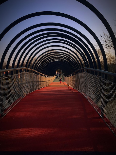 写真 歩道橋を歩く女性の後ろの景色