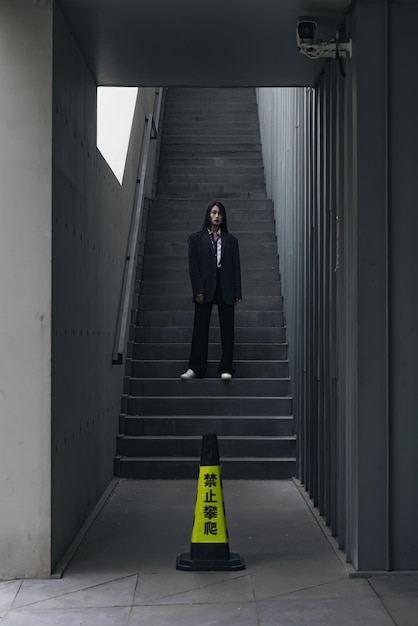 Фото Задний вид женщины, идущей по лестнице