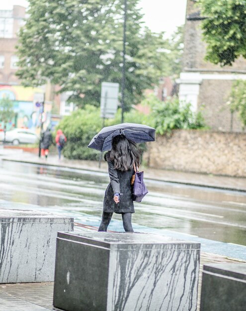 写真 雨季の通りを歩く女性の後ろの景色