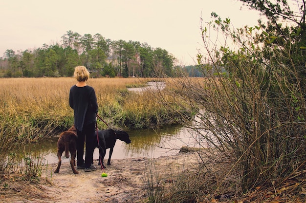 写真 川のそばに立っている犬と一緒にいる女性の後ろの景色