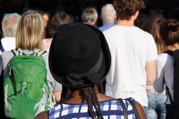 Rear view of people on city street