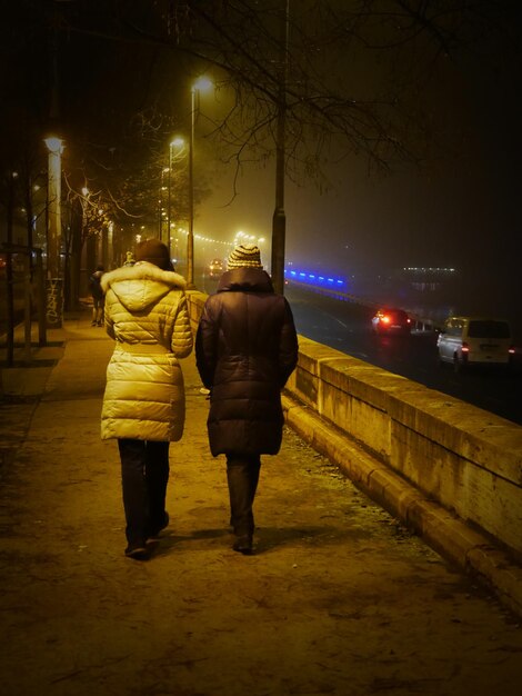 Rear view of people on illuminated street at night