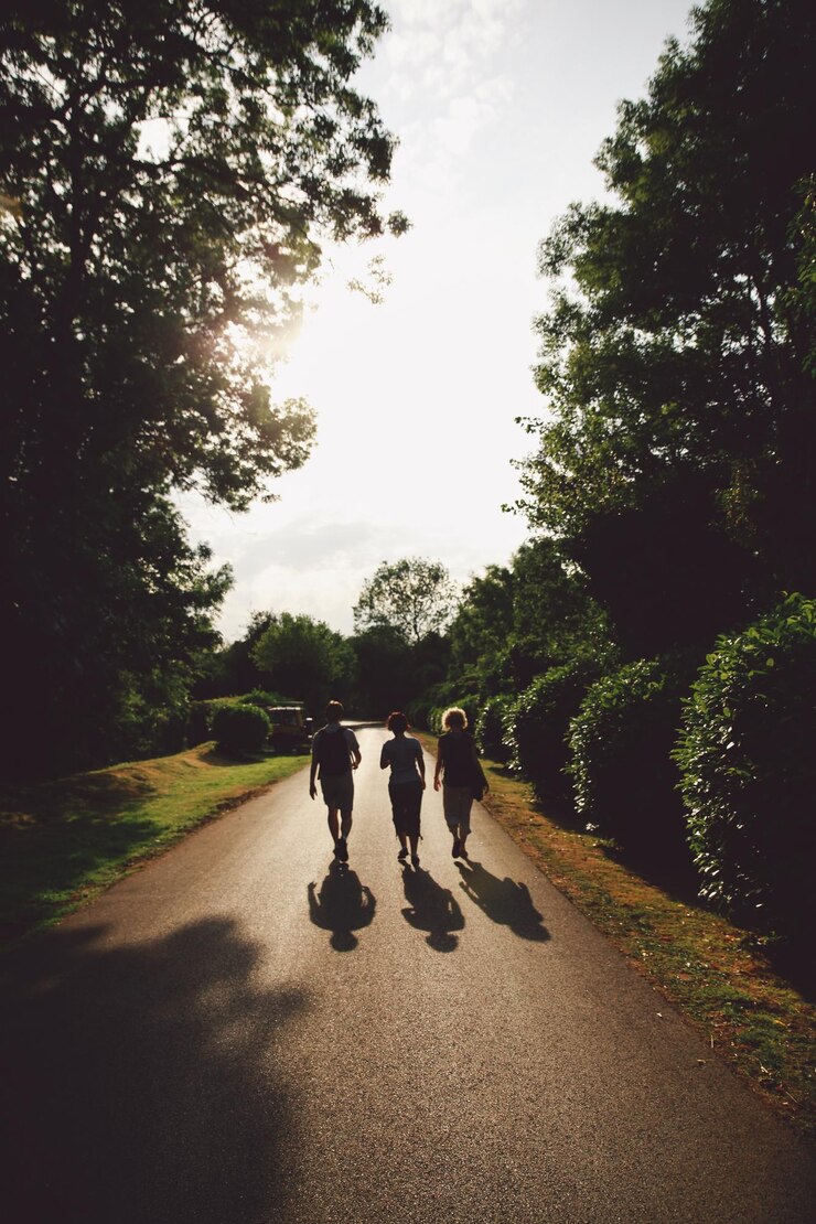 Photo rear view of people walking on country road
