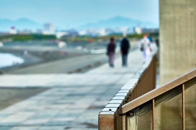 Rear view of people walking on footpath against sky