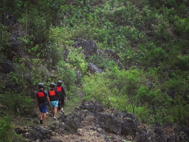 rear view of people walking on footpath at mountain