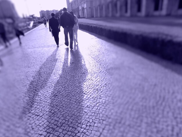 Rear view of people walking on street in city