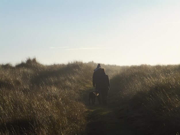 Foto vista posteriore di persone che camminano con il cane sul campo