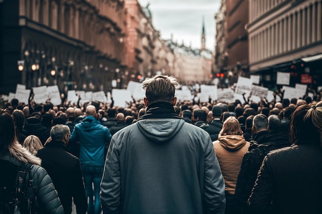 Rear view of people with placards and posters protesting in the city Generative AI