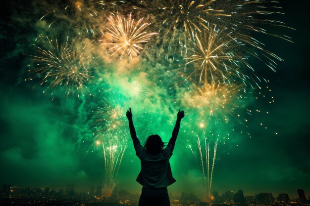 Rear view photo of a young woman on dark emerald background with bright fireworks and city view