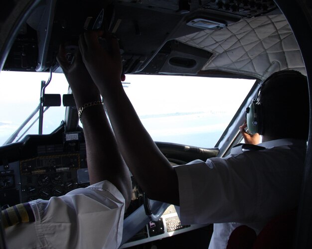 Rear view of pilots in airplane