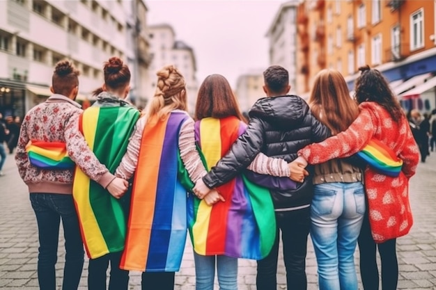 Rear view on real diverse people walking from behind with rainbow flags and balloons at pride parade march in the street Flag as symbol of LGBT community Generative AI