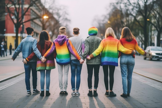 Rear view on real diverse people walking from behind with rainbow flags and balloons at pride parade march in the street Flag as symbol of LGBT community Generative AI