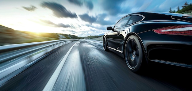 Rear view of red Business car on high speed in turn black car rushing along a highspeed background