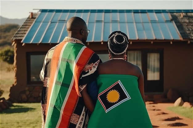 Вид сзади на богатую африканскую пару в традиционной одежде перед домом с солнечными батареями в Южной Африке Генеративный AI