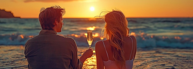 Rear view of a romantic couple sipping champagne on the beach