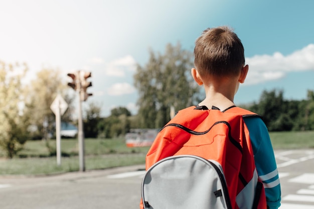 Photo rear view of schoolboy carrying backpack while standing on road