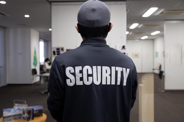 Photo rear view of a security guard in uniform patrolling in a commercial building