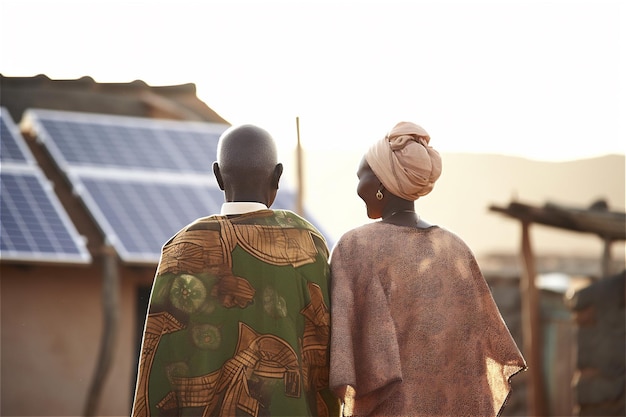 Rear view of senior african couple in traditional clothes front solar panels in Africa village Generative AI