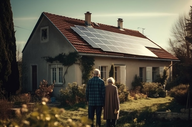 Rear view of senior couple in front house with solar panels Generative AI