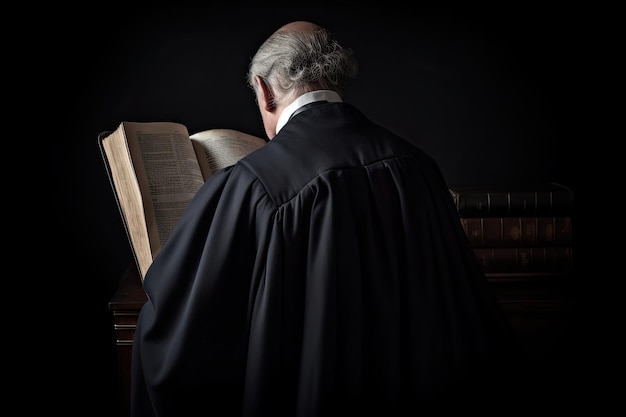 Задний вид старшего судьи, смотрящего вниз, держа в руках библию. Полный задний вид юристов, увлеченных чтением юридического документа или файла дела.
