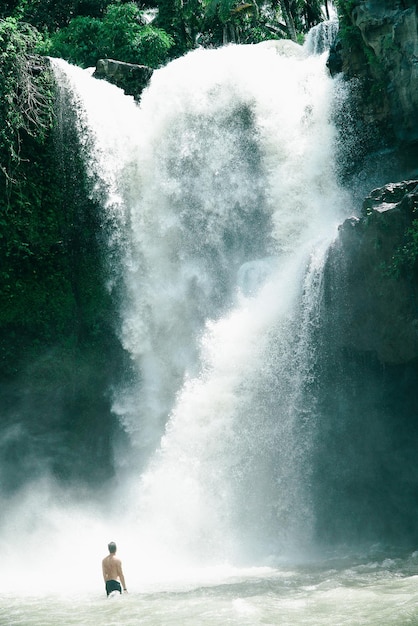 rear view of shirtless man against waterfall