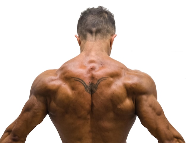 Photo rear view of shirtless man against white background