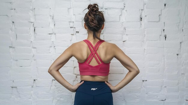 Photo rear view shot of a healthy young woman in sportswear isolated on white wall