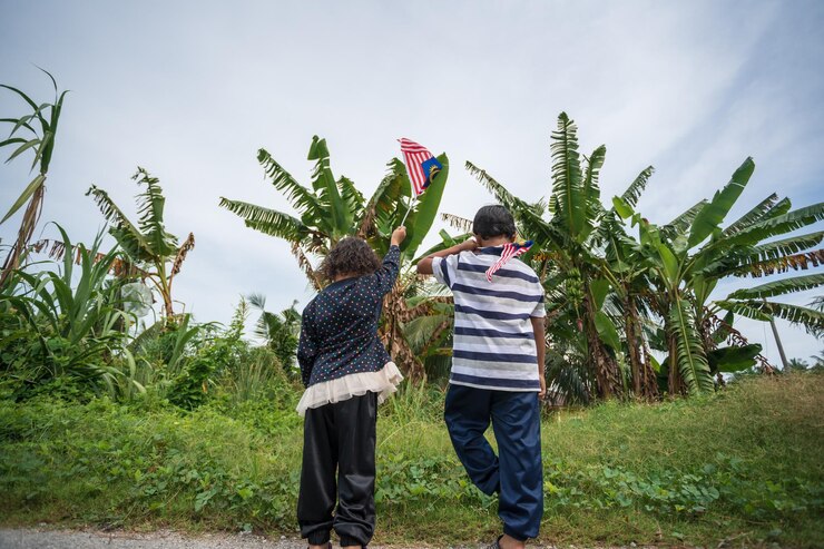 Photo rear view of siblings holding malaysian flags on field