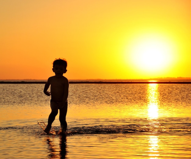 Rear view of silhouette child standing in sea against sky during sunset
