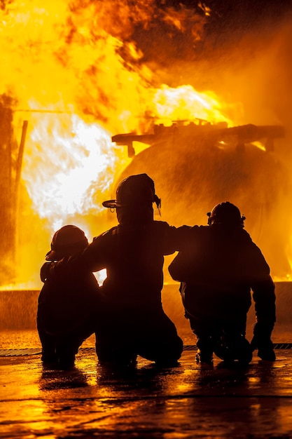Foto vista posteriore di silhouette di vigili del fuoco accovacciati contro il fuoco di notte