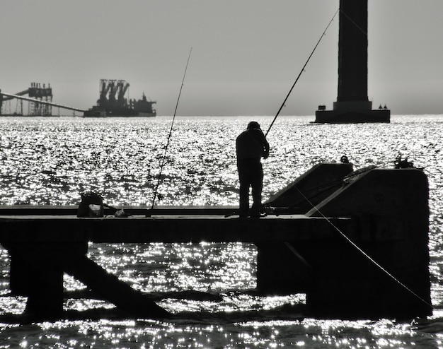 Rear view of silhouette man fishing in sea