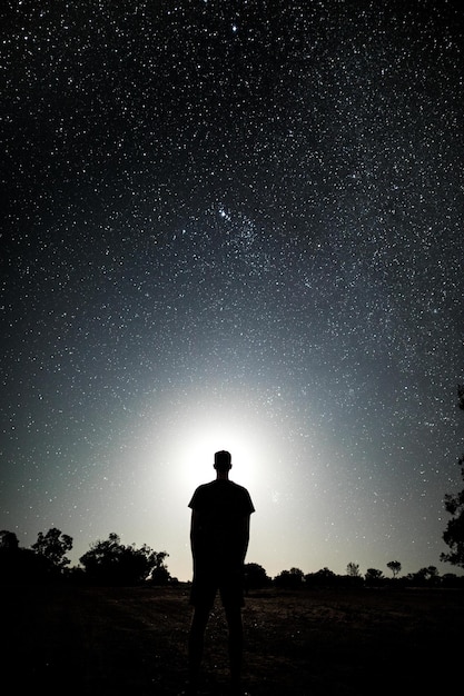 Foto vista posteriore di un uomo in silhouette in piedi contro il cielo