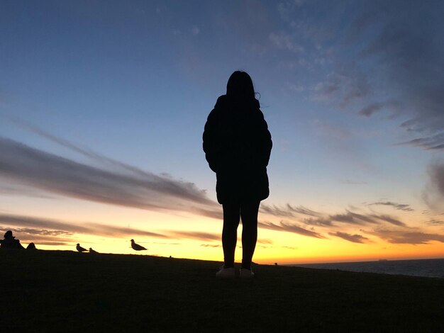 Rear view of silhouette man standing on beach during sunset