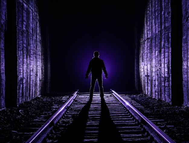 Foto vista posteriore di un uomo a silhouette in piedi sui binari della ferrovia di notte