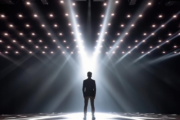 Photo rear view of silhouette of man standing on the scene among spotlights generative ai