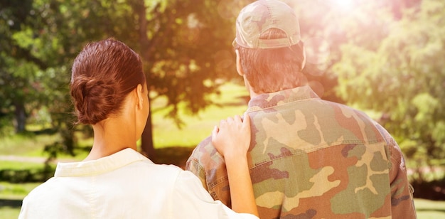 Rear view of solider and wife