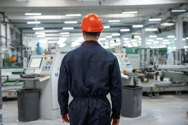 Foto vista posteriore in piedi lavoratore di fabbrica è all'interno con casco rigido
