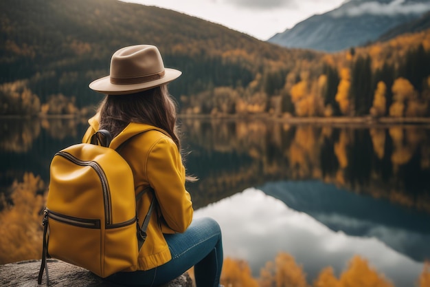 Rear view of a stylish girl with a backpack a hat and a yellow jacket looking at the view of the mountains and the lake while relaxing in the autumn nature travel concept