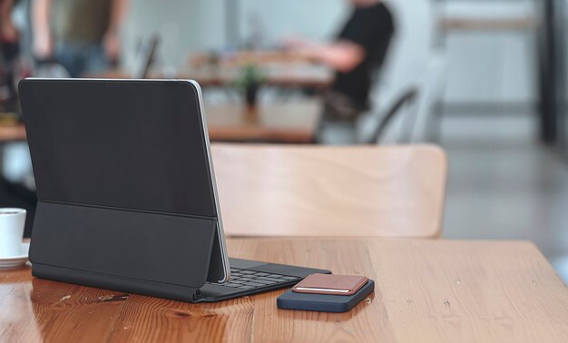 Rear view of tablet with keyboard and smartphone on wooden table in cafe.