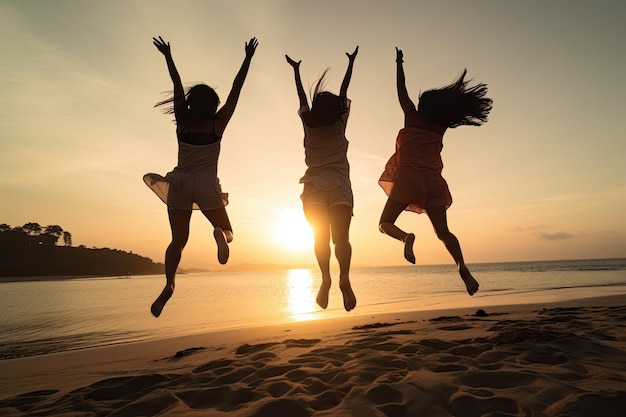 Rear view of three happy asian young women jumping on beach with sea in the background during sunset