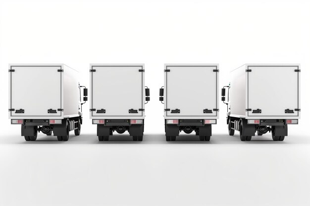 Rear view of three white delivery trucks isolated on a clean white background
