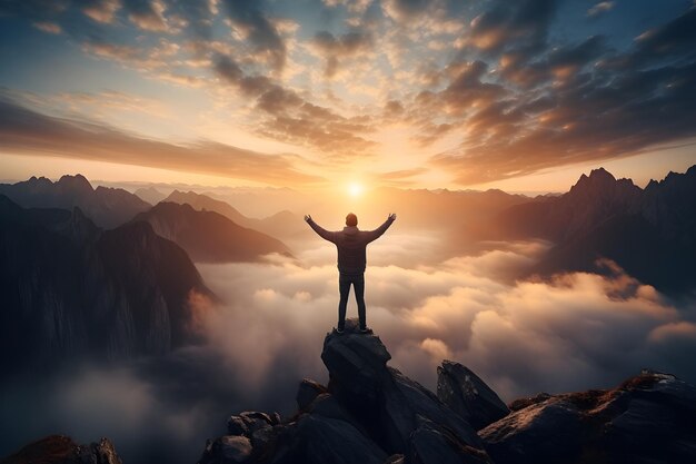 Rear view of traveler man with hands in the air stand on mountain looking on beautiful view