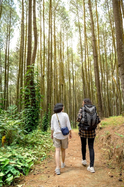 Rear view of two Asian women trekking together in the forest