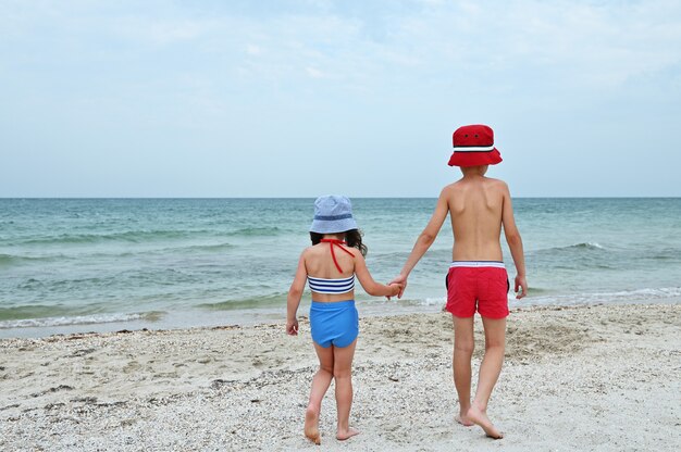 Rear view of two children, friends, walking on the beach, hand by hand. Brother and younger sister in swimwear on the blue sea background. Summer holidays concept