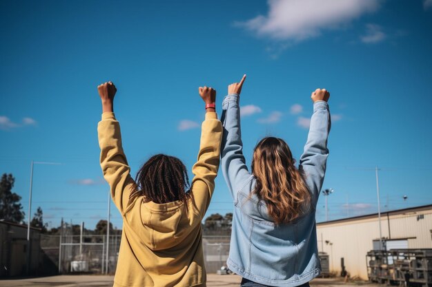 Rear view of two friends gesturing victory sign against blue sky