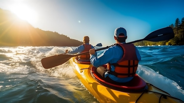 Rear view of two men riding kayak in stream