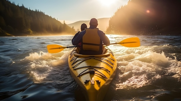 Rear view of two men riding kayak in stream